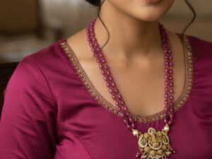 Traditional Ruby Beads Temple Necklace Set with Pendant